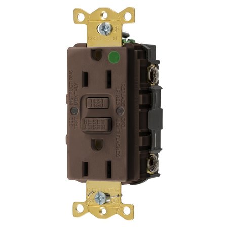 BRYANT GFCI Receptacle, Self Test, Hospital Grade, 15A 125V, 2-Pole 3-Wire Grounding, 5-15R, Brown GFST82